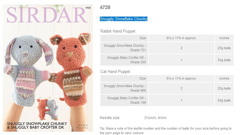 ORIGINAL KNITTING PATTERN SIRDAR 4728 SNUGGLY SNOWFLAKE RABBIT//CAT HAND PUPPETS